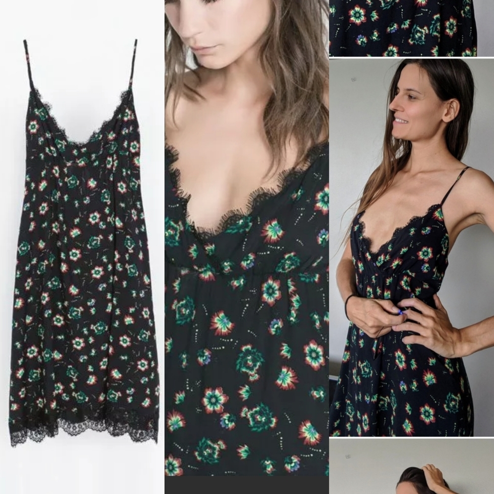 Zara Black Floral Spaghetti Strap Dress